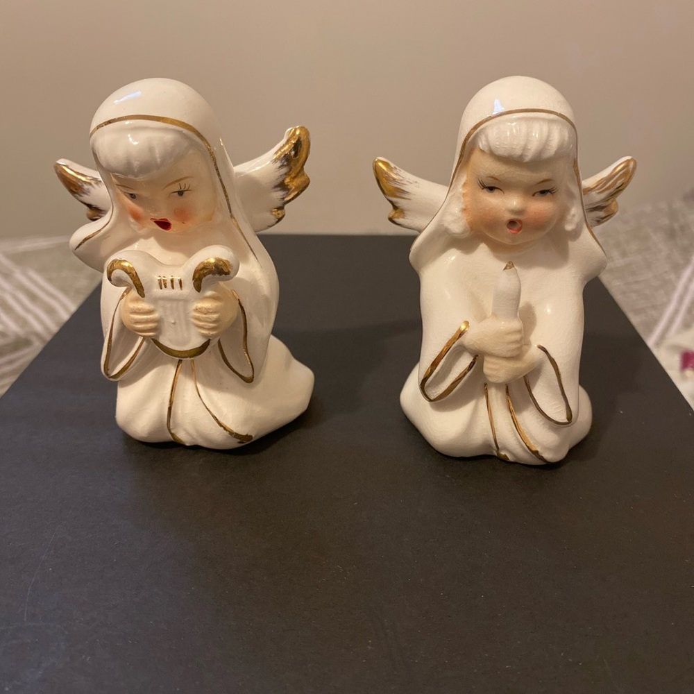 Vintage Kneeling Angels with Hard white porcelain Japan hand painted gold